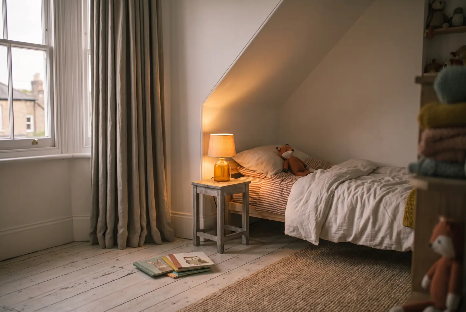 Ein Kinderzimmer am Abend. Neben dem Bett brennt eine kleine warme Lampe, die Decke ist zurückgeschlagen.